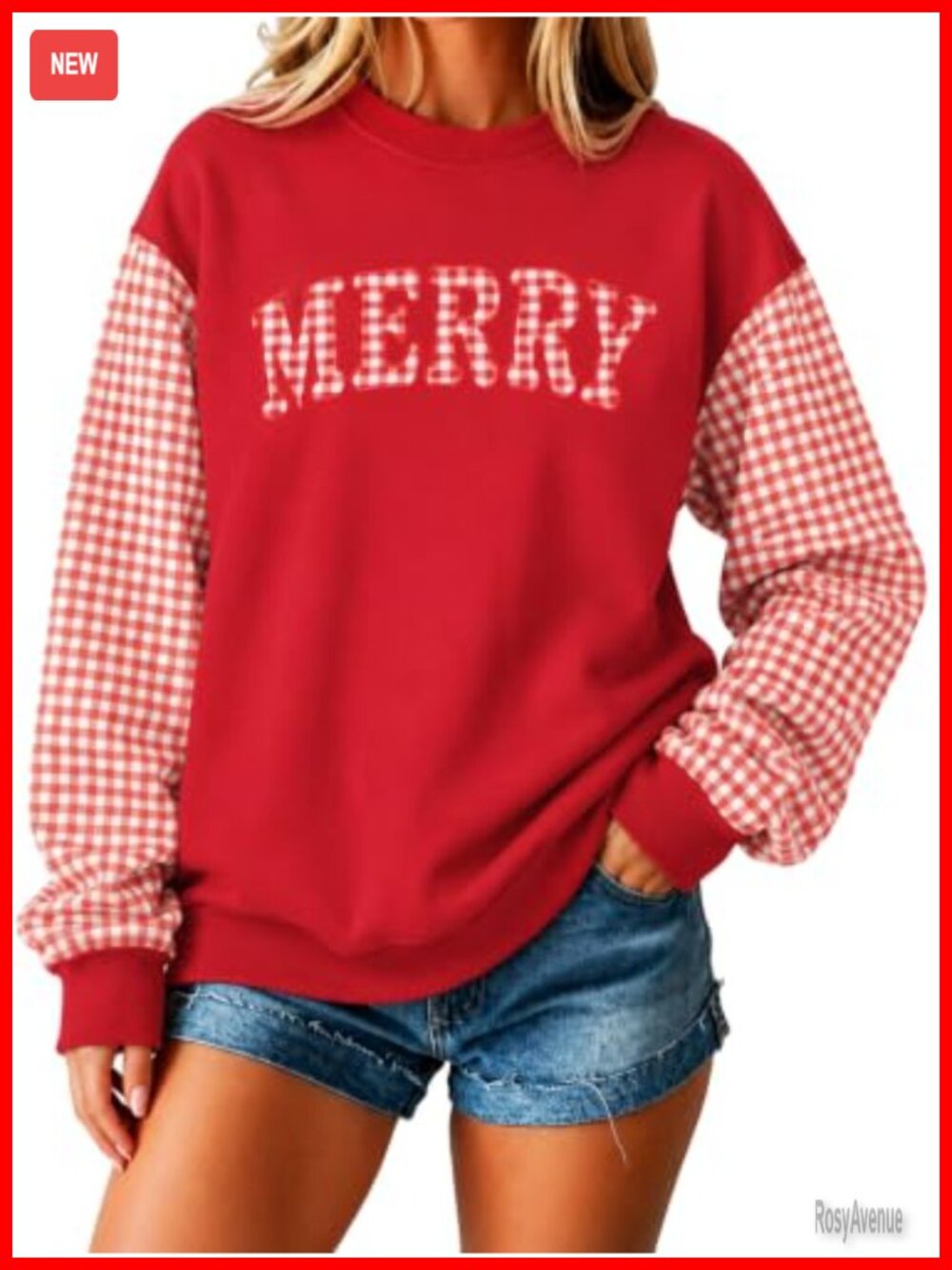 Christmas Applique Sweatshirt Merry Gingham Sleeve Pullover